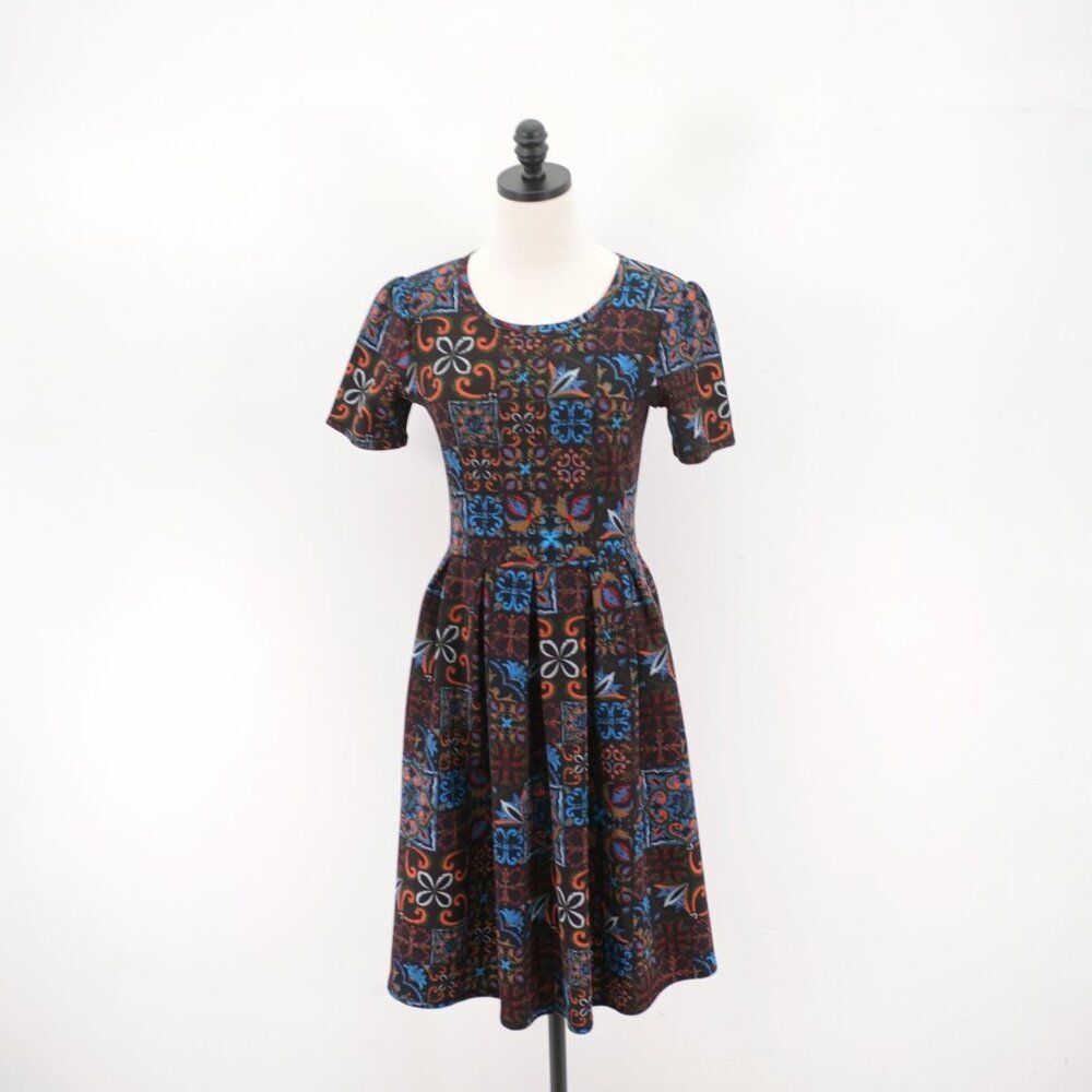 LuLaRoe Brown Stretchy Knit Fabric Pleated Skirt Dress Floral Small Fit & Flare